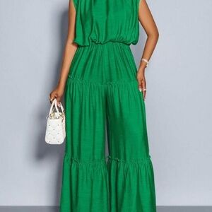 Deep Green Color Jumpsuit. Sleeveless, Wide leg